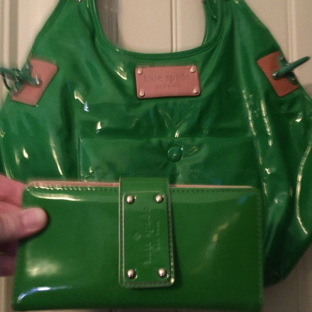 Kate Spade Patent Leather Hobo Bag & Wallet- Bright Apple Green with Tan Straps